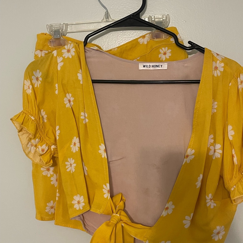 Wild Honey Yellow Flutter Sleeve Blouse with Tie Front and Ruffled Details